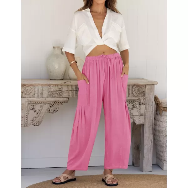 imageZESICA Womens Linen Wide Leg Pants High Waist Drawstring Casual Loose Flowy Palazzo Harem Trousers with PocketsHotpink