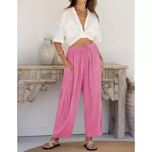 imageZESICA Womens Linen Wide Leg Pants High Waist Drawstring Casual Loose Flowy Palazzo Harem Trousers with PocketsHotpink
