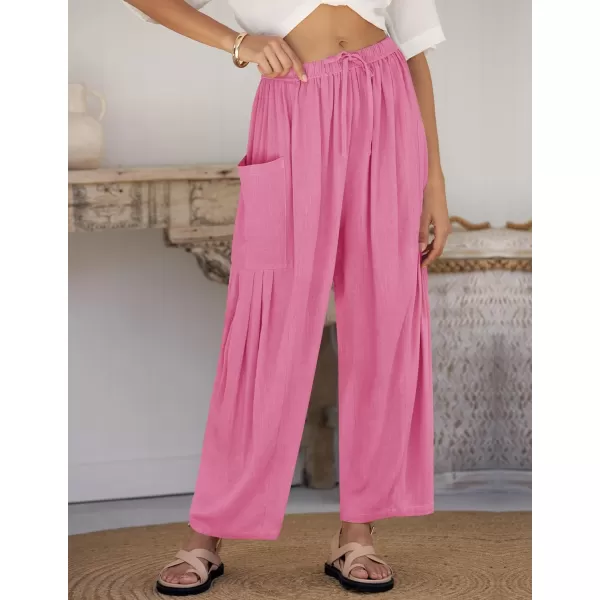 imageZESICA Womens Linen Wide Leg Pants High Waist Drawstring Casual Loose Flowy Palazzo Harem Trousers with PocketsHotpink