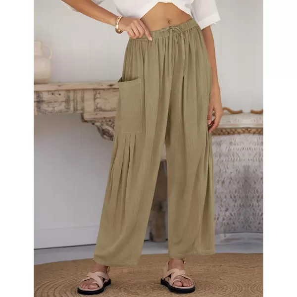 imageZESICA Womens Linen Wide Leg Pants High Waist Drawstring Casual Loose Flowy Palazzo Harem Trousers with PocketsKhaki