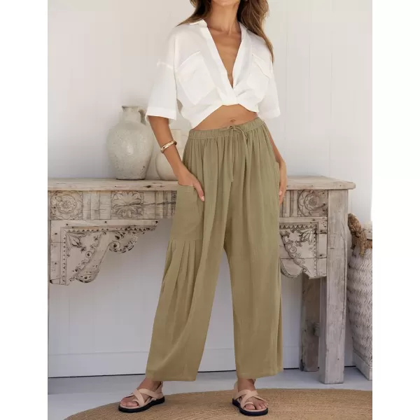 imageZESICA Womens Linen Wide Leg Pants High Waist Drawstring Casual Loose Flowy Palazzo Harem Trousers with PocketsKhaki