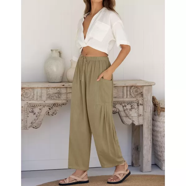 imageZESICA Womens Linen Wide Leg Pants High Waist Drawstring Casual Loose Flowy Palazzo Harem Trousers with PocketsKhaki