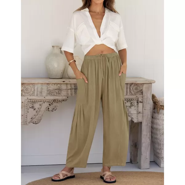 imageZESICA Womens Linen Wide Leg Pants High Waist Drawstring Casual Loose Flowy Palazzo Harem Trousers with PocketsKhaki