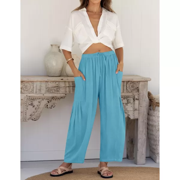 imageZESICA Womens Linen Wide Leg Pants High Waist Drawstring Casual Loose Flowy Palazzo Harem Trousers with PocketsLakeblue