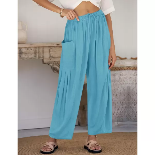 imageZESICA Womens Linen Wide Leg Pants High Waist Drawstring Casual Loose Flowy Palazzo Harem Trousers with PocketsLakeblue
