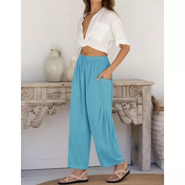 imageZESICA Womens Linen Wide Leg Pants High Waist Drawstring Casual Loose Flowy Palazzo Harem Trousers with PocketsLakeblue