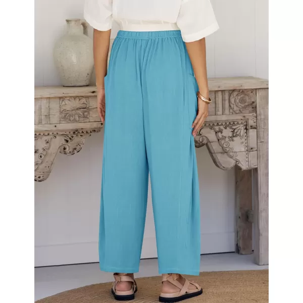 imageZESICA Womens Linen Wide Leg Pants High Waist Drawstring Casual Loose Flowy Palazzo Harem Trousers with PocketsLakeblue