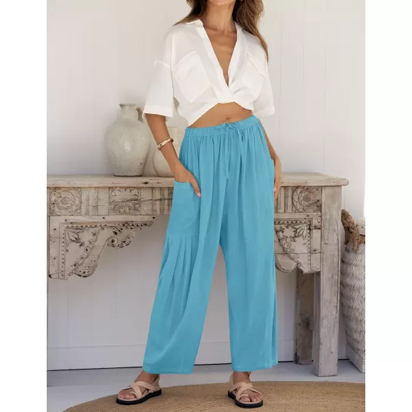 imageZESICA Womens Linen Wide Leg Pants High Waist Drawstring Casual Loose Flowy Palazzo Harem Trousers with PocketsLakeblue
