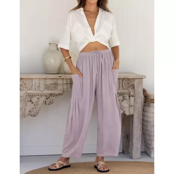 imageZESICA Womens Linen Wide Leg Pants High Waist Drawstring Casual Loose Flowy Palazzo Harem Trousers with PocketsPurple