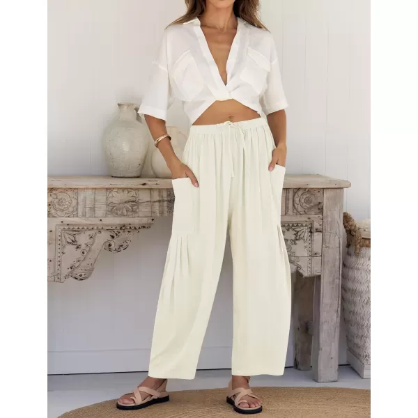 imageZESICA Womens Linen Wide Leg Pants High Waist Drawstring Casual Loose Flowy Palazzo Harem Trousers with PocketsWhite