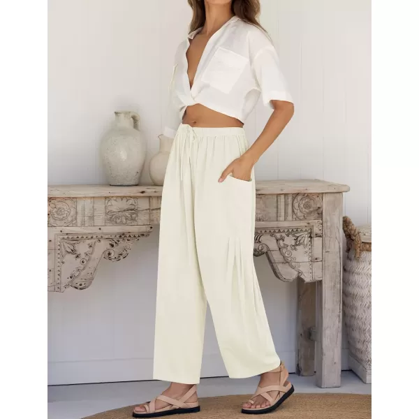 imageZESICA Womens Linen Wide Leg Pants High Waist Drawstring Casual Loose Flowy Palazzo Harem Trousers with PocketsWhite