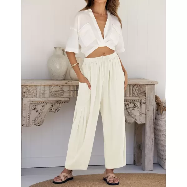 imageZESICA Womens Linen Wide Leg Pants High Waist Drawstring Casual Loose Flowy Palazzo Harem Trousers with PocketsWhite