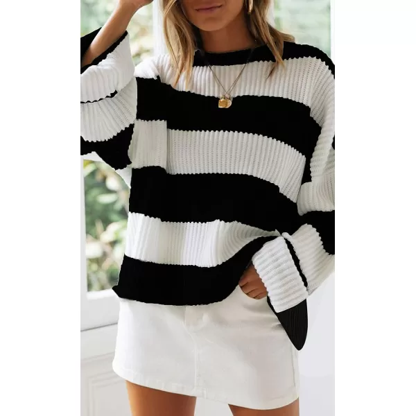 imageZESICA Womens Long Sleeve Crew Neck Striped Color Block Comfy Loose Oversized Knitted Pullover SweaterBlackstriped
