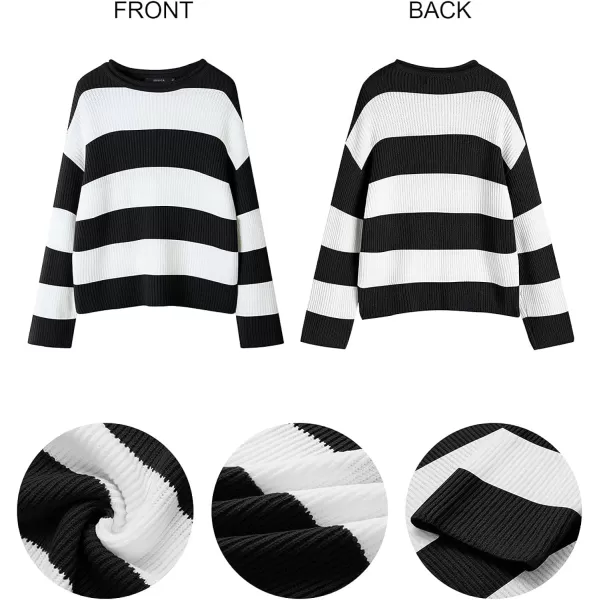 imageZESICA Womens Long Sleeve Crew Neck Striped Color Block Comfy Loose Oversized Knitted Pullover SweaterBlackstriped