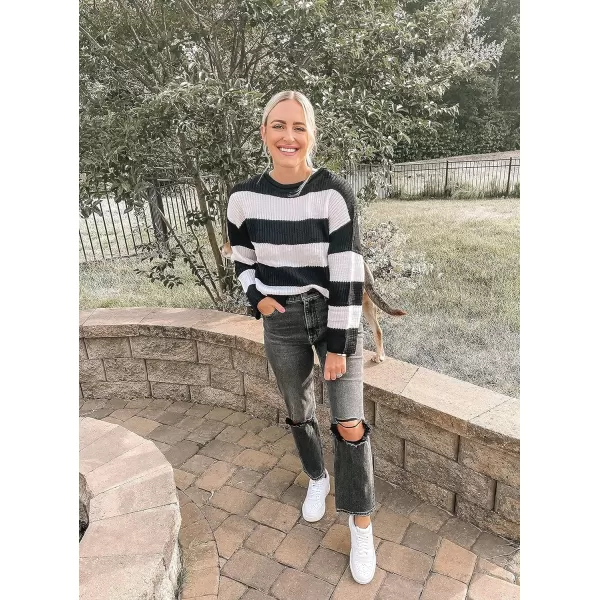 imageZESICA Womens Long Sleeve Crew Neck Striped Color Block Comfy Loose Oversized Knitted Pullover SweaterBlackstriped