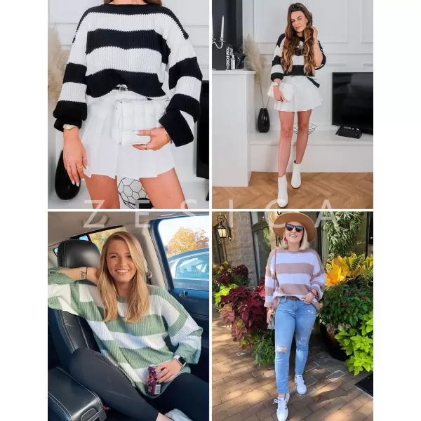 imageZESICA Womens Long Sleeve Crew Neck Striped Color Block Comfy Loose Oversized Knitted Pullover SweaterBlackstriped