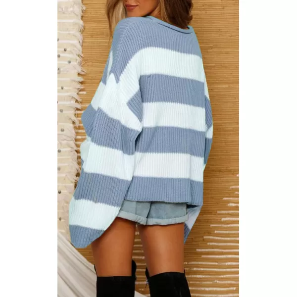 imageZESICA Womens Long Sleeve Crew Neck Striped Color Block Comfy Loose Oversized Knitted Pullover SweaterBlue