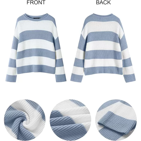 imageZESICA Womens Long Sleeve Crew Neck Striped Color Block Comfy Loose Oversized Knitted Pullover SweaterBlue