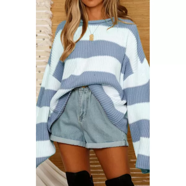 imageZESICA Womens Long Sleeve Crew Neck Striped Color Block Comfy Loose Oversized Knitted Pullover SweaterBlue
