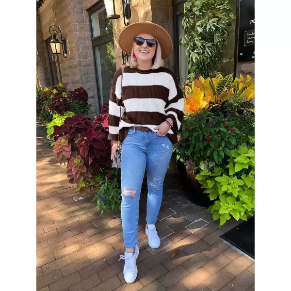imageZESICA Womens Long Sleeve Crew Neck Striped Color Block Comfy Loose Oversized Knitted Pullover SweaterCoffee