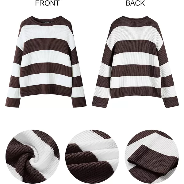 imageZESICA Womens Long Sleeve Crew Neck Striped Color Block Comfy Loose Oversized Knitted Pullover SweaterCoffee