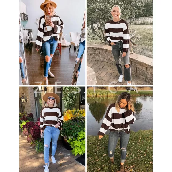 imageZESICA Womens Long Sleeve Crew Neck Striped Color Block Comfy Loose Oversized Knitted Pullover SweaterCoffee