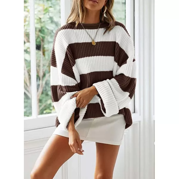 imageZESICA Womens Long Sleeve Crew Neck Striped Color Block Comfy Loose Oversized Knitted Pullover SweaterCoffee