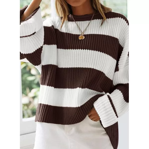 imageZESICA Womens Long Sleeve Crew Neck Striped Color Block Comfy Loose Oversized Knitted Pullover SweaterCoffee