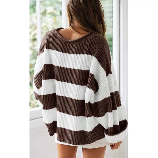 imageZESICA Womens Long Sleeve Crew Neck Striped Color Block Comfy Loose Oversized Knitted Pullover SweaterCoffee