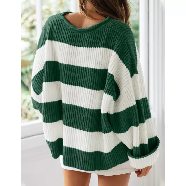 imageZESICA Womens Long Sleeve Crew Neck Striped Color Block Comfy Loose Oversized Knitted Pullover SweaterForestgreen