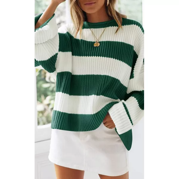 imageZESICA Womens Long Sleeve Crew Neck Striped Color Block Comfy Loose Oversized Knitted Pullover SweaterForestgreen