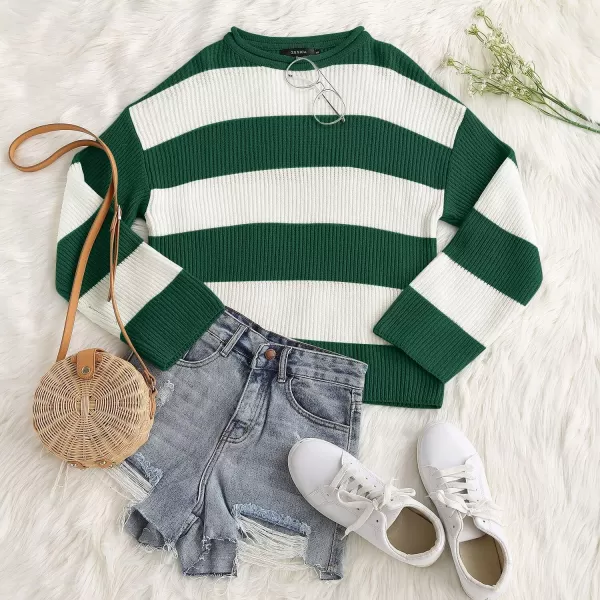 imageZESICA Womens Long Sleeve Crew Neck Striped Color Block Comfy Loose Oversized Knitted Pullover SweaterForestgreen