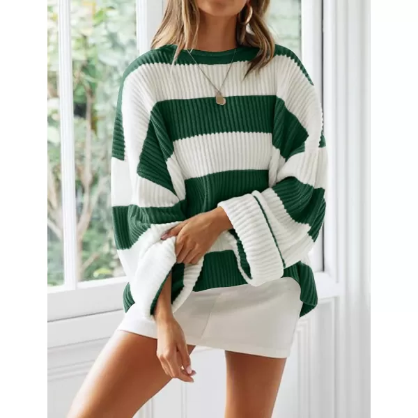 imageZESICA Womens Long Sleeve Crew Neck Striped Color Block Comfy Loose Oversized Knitted Pullover SweaterForestgreen