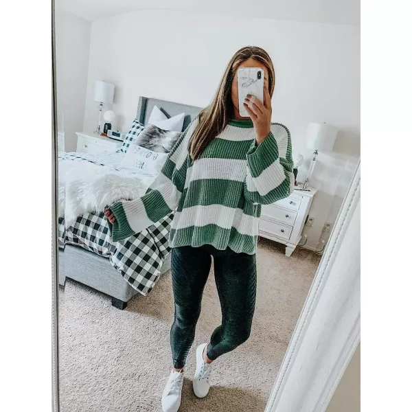 imageZESICA Womens Long Sleeve Crew Neck Striped Color Block Comfy Loose Oversized Knitted Pullover SweaterGreen