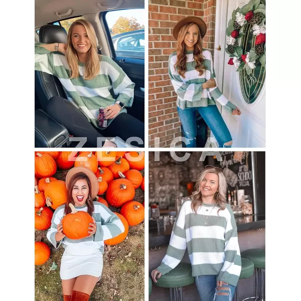 imageZESICA Womens Long Sleeve Crew Neck Striped Color Block Comfy Loose Oversized Knitted Pullover SweaterGreen