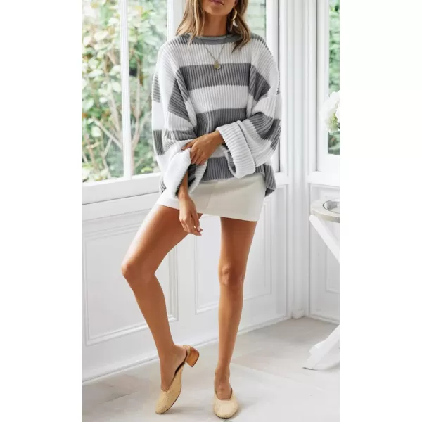 imageZESICA Womens Long Sleeve Crew Neck Striped Color Block Comfy Loose Oversized Knitted Pullover SweaterGrey
