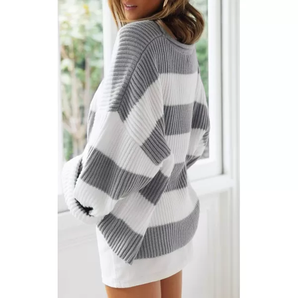 imageZESICA Womens Long Sleeve Crew Neck Striped Color Block Comfy Loose Oversized Knitted Pullover SweaterGrey
