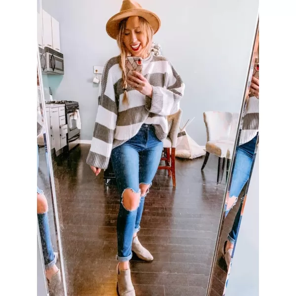 imageZESICA Womens Long Sleeve Crew Neck Striped Color Block Comfy Loose Oversized Knitted Pullover SweaterGrey