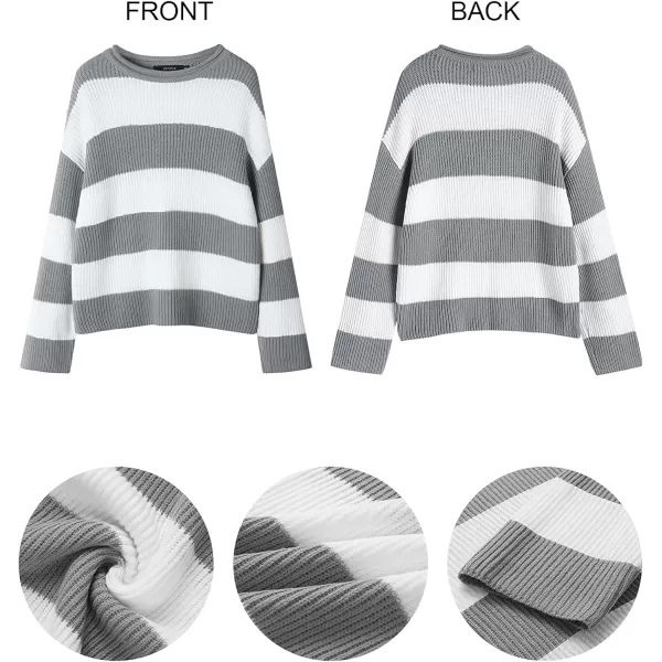 imageZESICA Womens Long Sleeve Crew Neck Striped Color Block Comfy Loose Oversized Knitted Pullover SweaterGrey