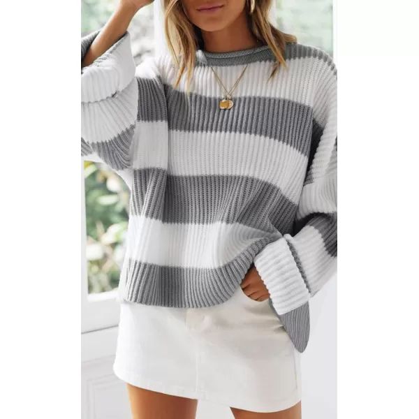 imageZESICA Womens Long Sleeve Crew Neck Striped Color Block Comfy Loose Oversized Knitted Pullover SweaterGrey