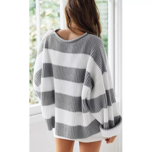 imageZESICA Womens Long Sleeve Crew Neck Striped Color Block Comfy Loose Oversized Knitted Pullover SweaterGrey