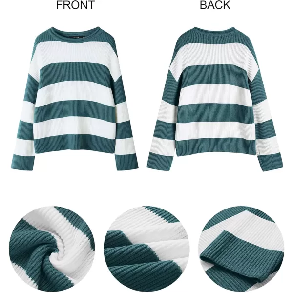 imageZESICA Womens Long Sleeve Crew Neck Striped Color Block Comfy Loose Oversized Knitted Pullover SweaterGreygreen