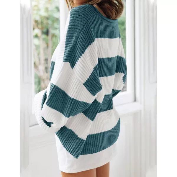 imageZESICA Womens Long Sleeve Crew Neck Striped Color Block Comfy Loose Oversized Knitted Pullover SweaterGreygreen