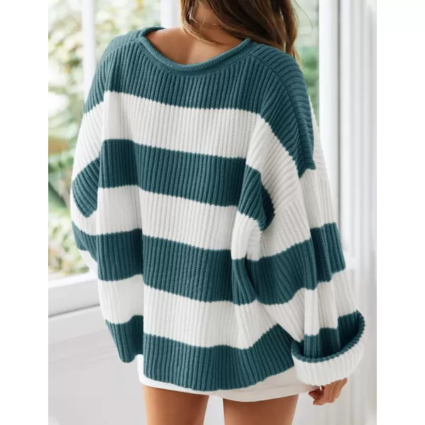 imageZESICA Womens Long Sleeve Crew Neck Striped Color Block Comfy Loose Oversized Knitted Pullover SweaterGreygreen