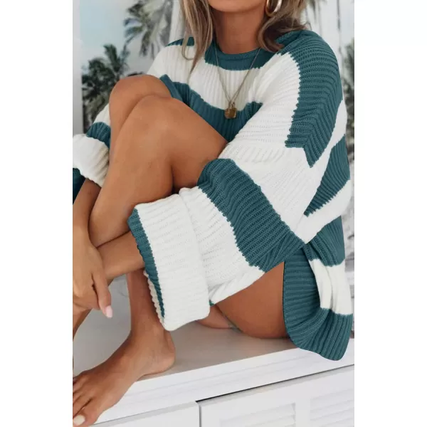 imageZESICA Womens Long Sleeve Crew Neck Striped Color Block Comfy Loose Oversized Knitted Pullover SweaterGreygreen