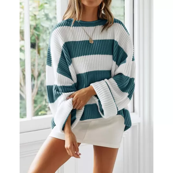 imageZESICA Womens Long Sleeve Crew Neck Striped Color Block Comfy Loose Oversized Knitted Pullover SweaterGreygreen