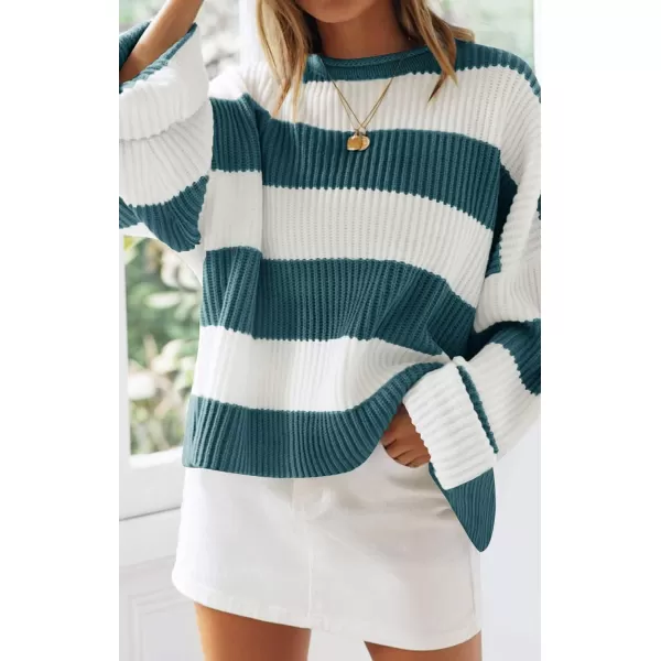 imageZESICA Womens Long Sleeve Crew Neck Striped Color Block Comfy Loose Oversized Knitted Pullover SweaterGreygreen