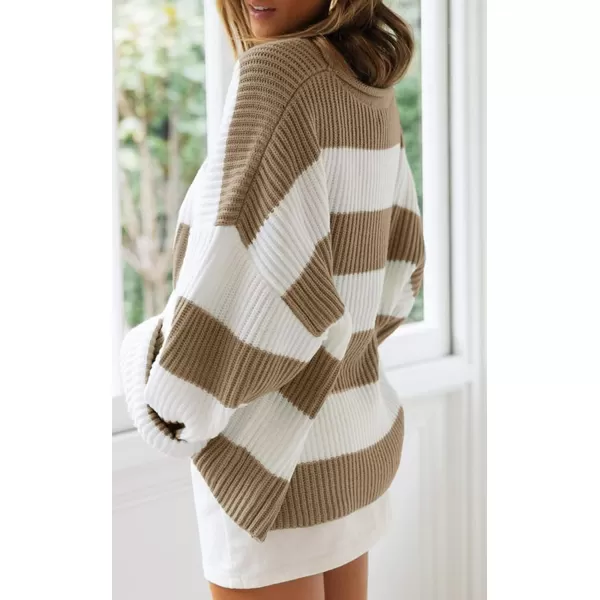 imageZESICA Womens Long Sleeve Crew Neck Striped Color Block Comfy Loose Oversized Knitted Pullover SweaterLightkhaki