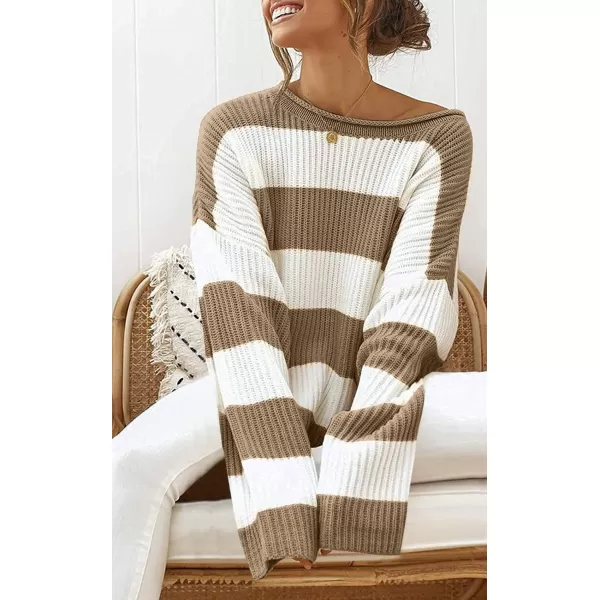 imageZESICA Womens Long Sleeve Crew Neck Striped Color Block Comfy Loose Oversized Knitted Pullover SweaterLightkhaki