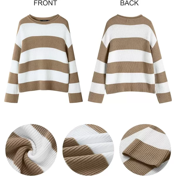 imageZESICA Womens Long Sleeve Crew Neck Striped Color Block Comfy Loose Oversized Knitted Pullover SweaterLightkhaki